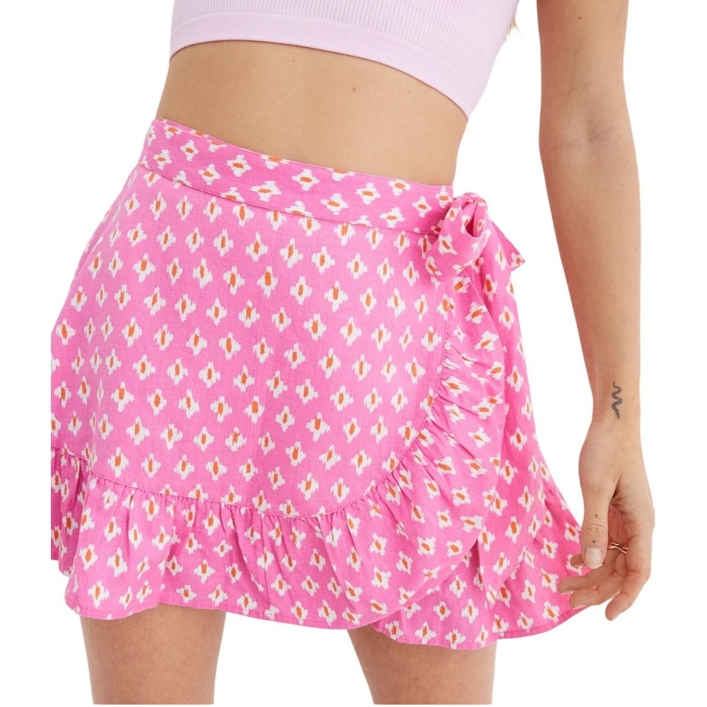 NWT Aerie Pink Ikat Print Wrap Mini Skirt Ruffle Size M